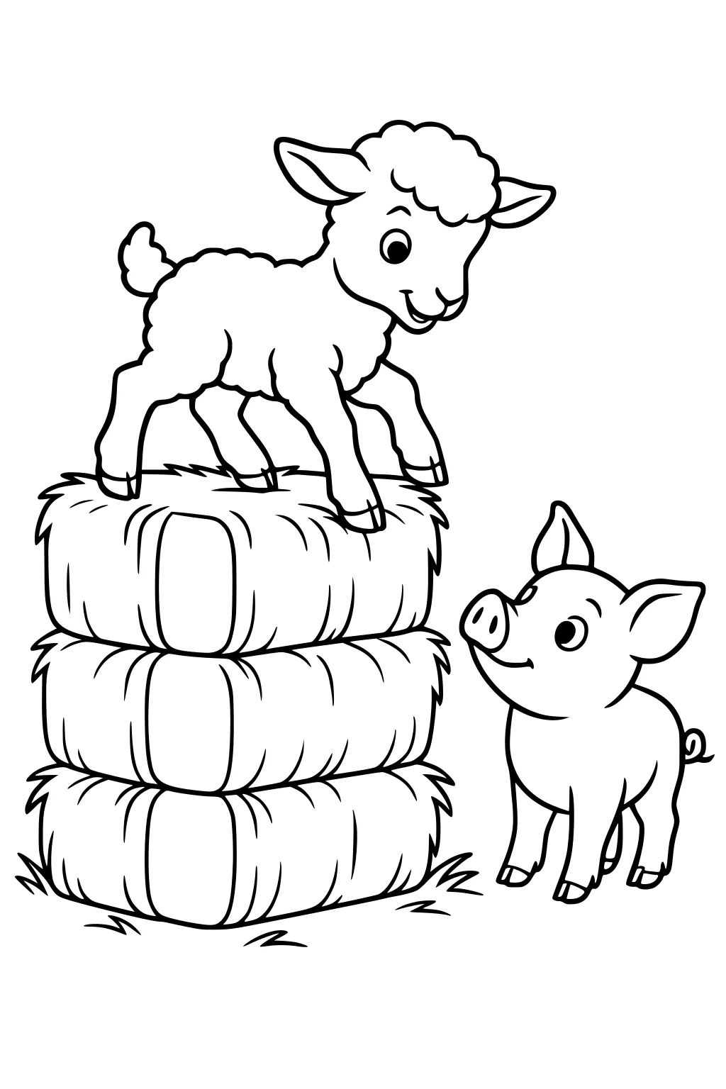 Lamb standing on stacked hay bales with a piglet beside them on the ground.