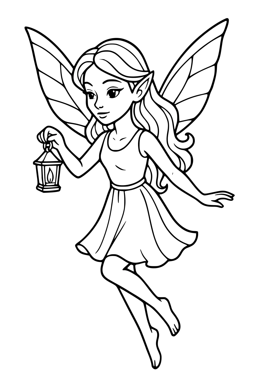 Fairy girl with large wings floats holding a tiny lantern, wearing a sleeveless dress and long hair in simple black outline.