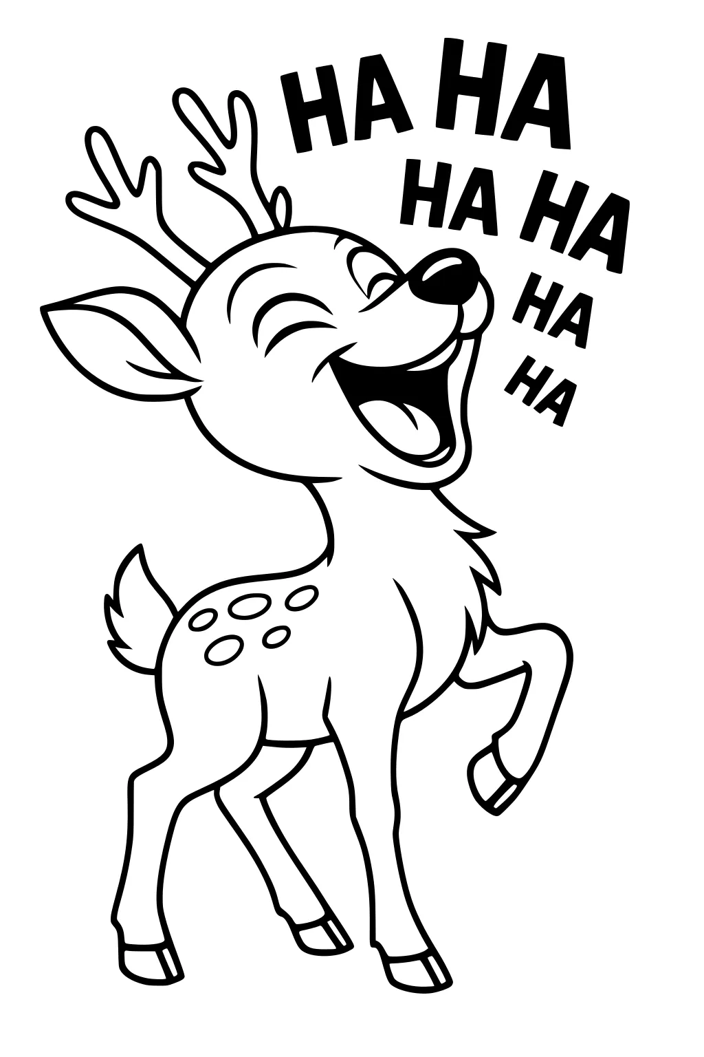 Cartoon deer laughing loudly, eyes closed, mouth open, with raised hoof and comic 'HA HA' text above.