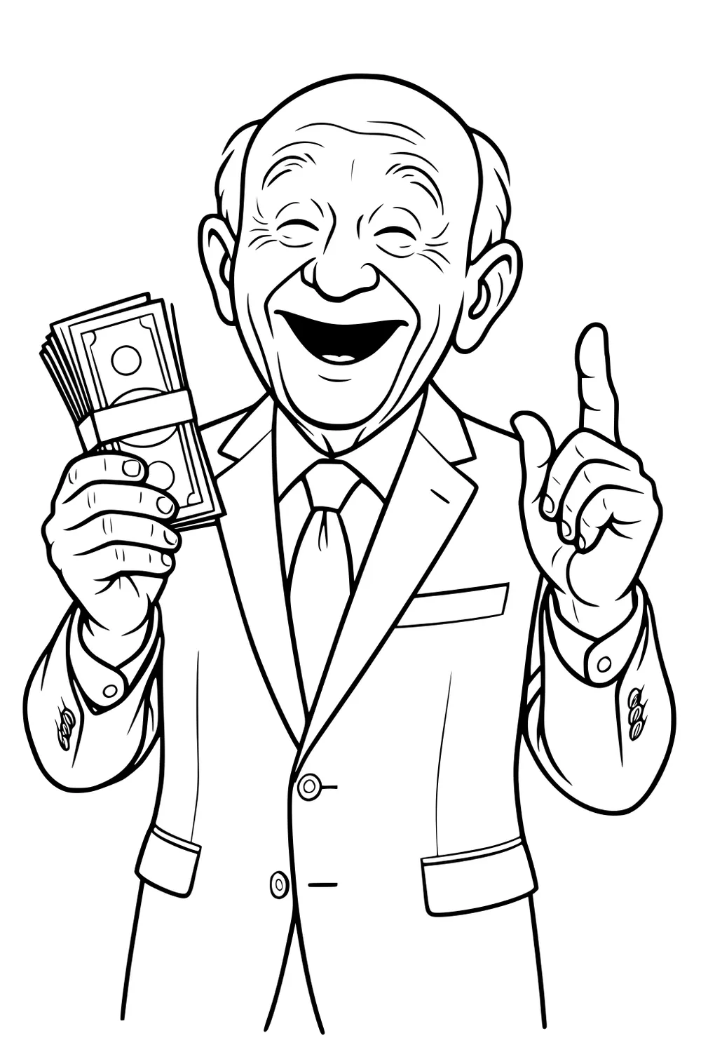 Laughing elderly grandpa in a suit holds a stack of money and raises one finger.