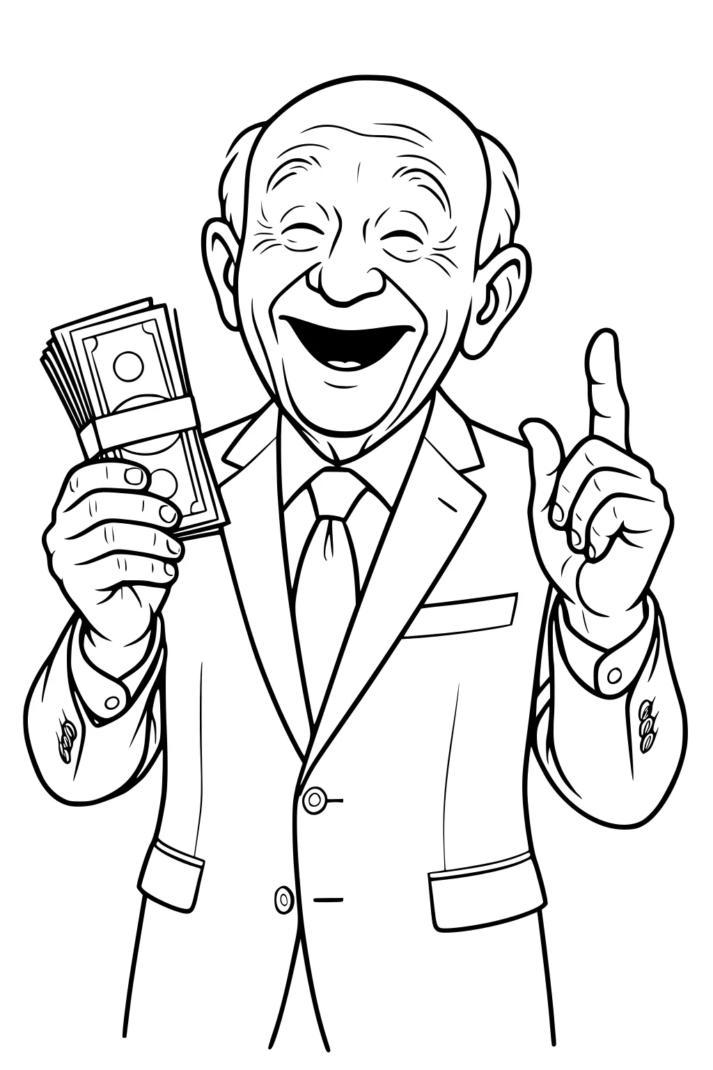 Laughing elderly grandpa in a suit holds a stack of money and raises one finger.