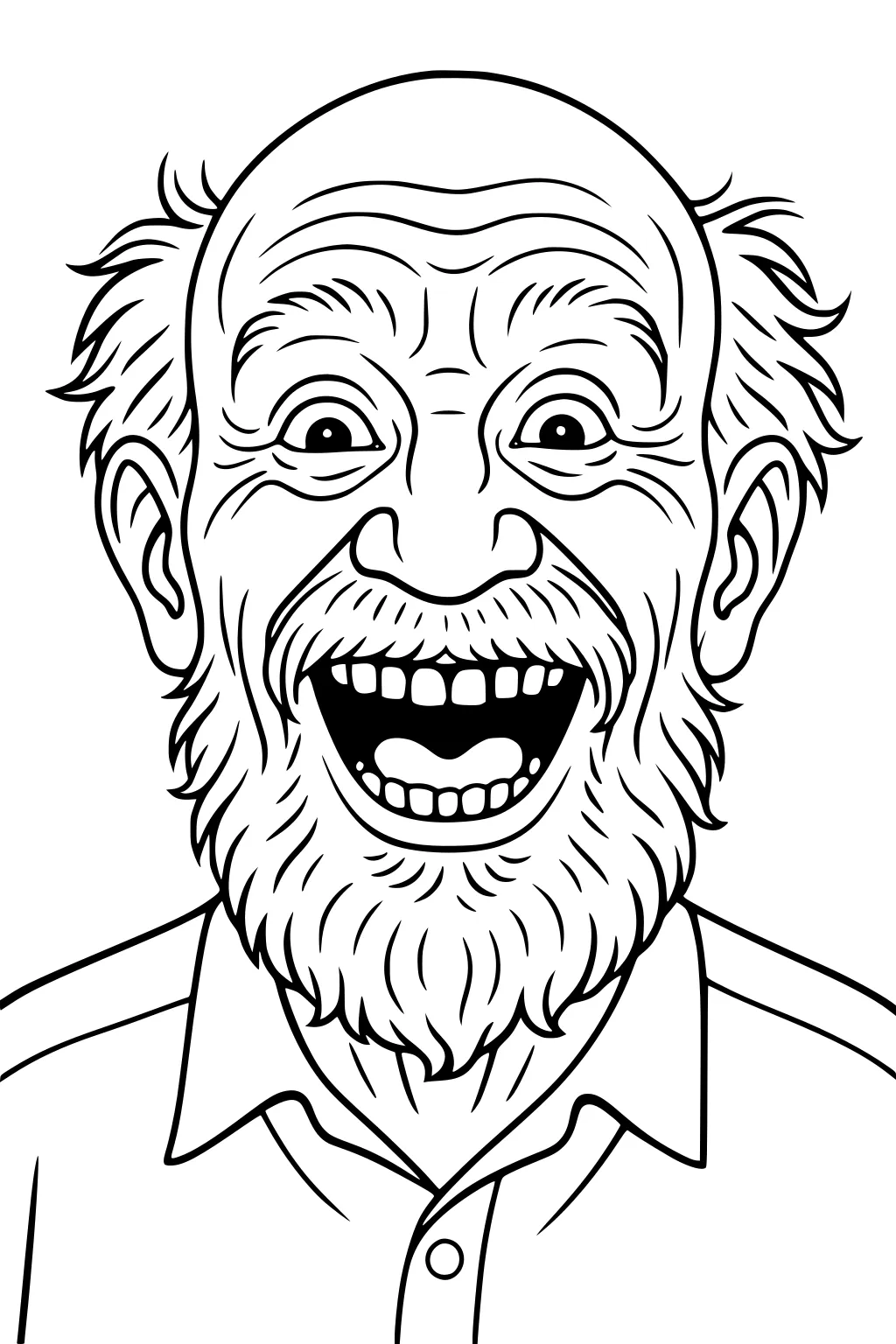 Smiling elderly grandpa with bald head, fluffy side hair, big beard, open mouth, and collared shirt in bold line art.