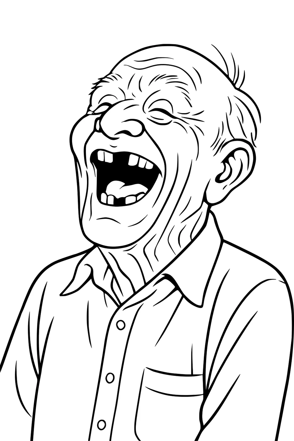Line art portrait of an elderly man laughing with eyes closed, head back, open mouth, and collared buttoned shirt with pocket.