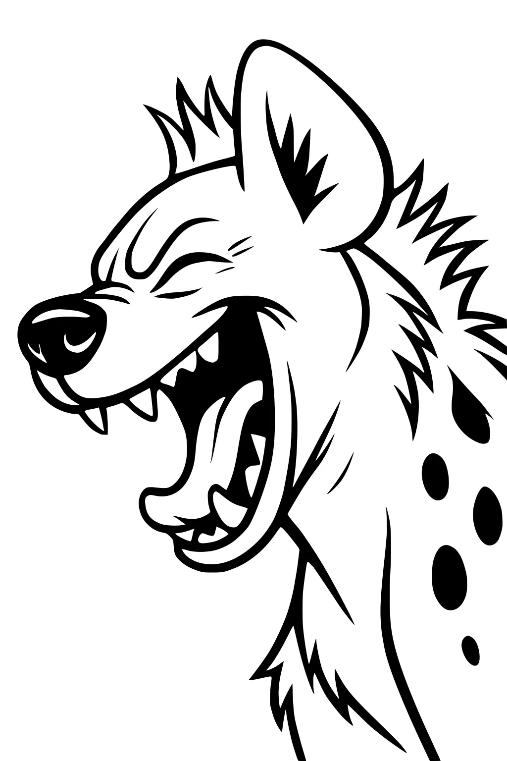 Cartoon hyena with open mouth, showing teeth, spiky mane, and large spots on its neck.