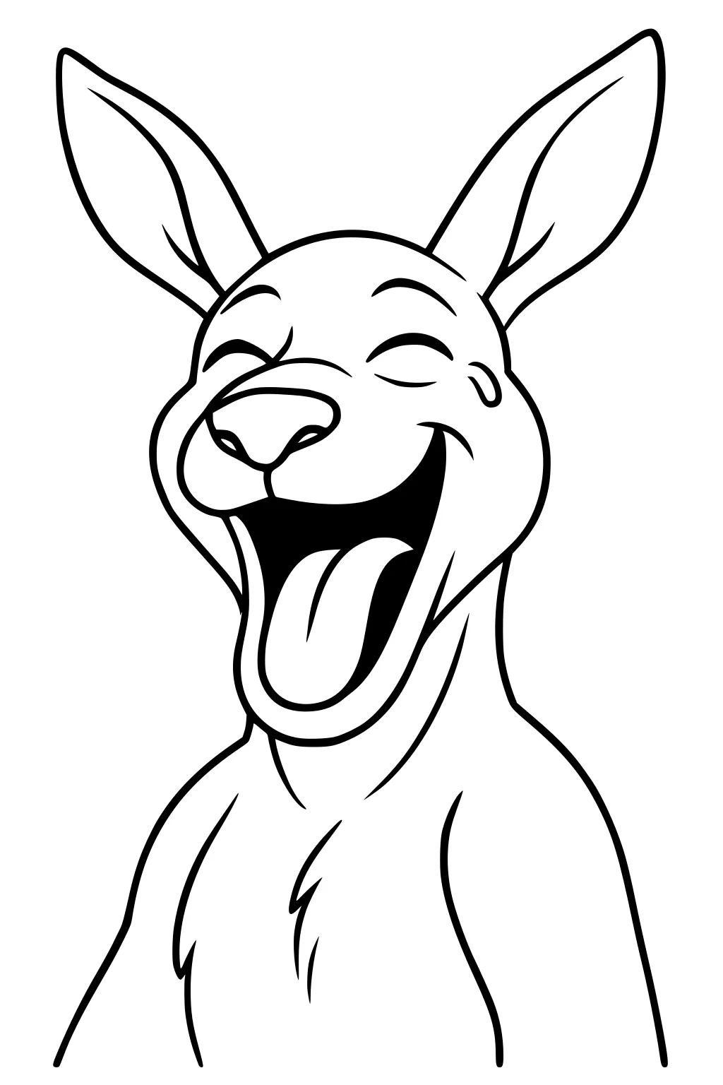 Cartoon kangaroo laughing with mouth wide open, eyes closed, tongue out, and big upright ears.
