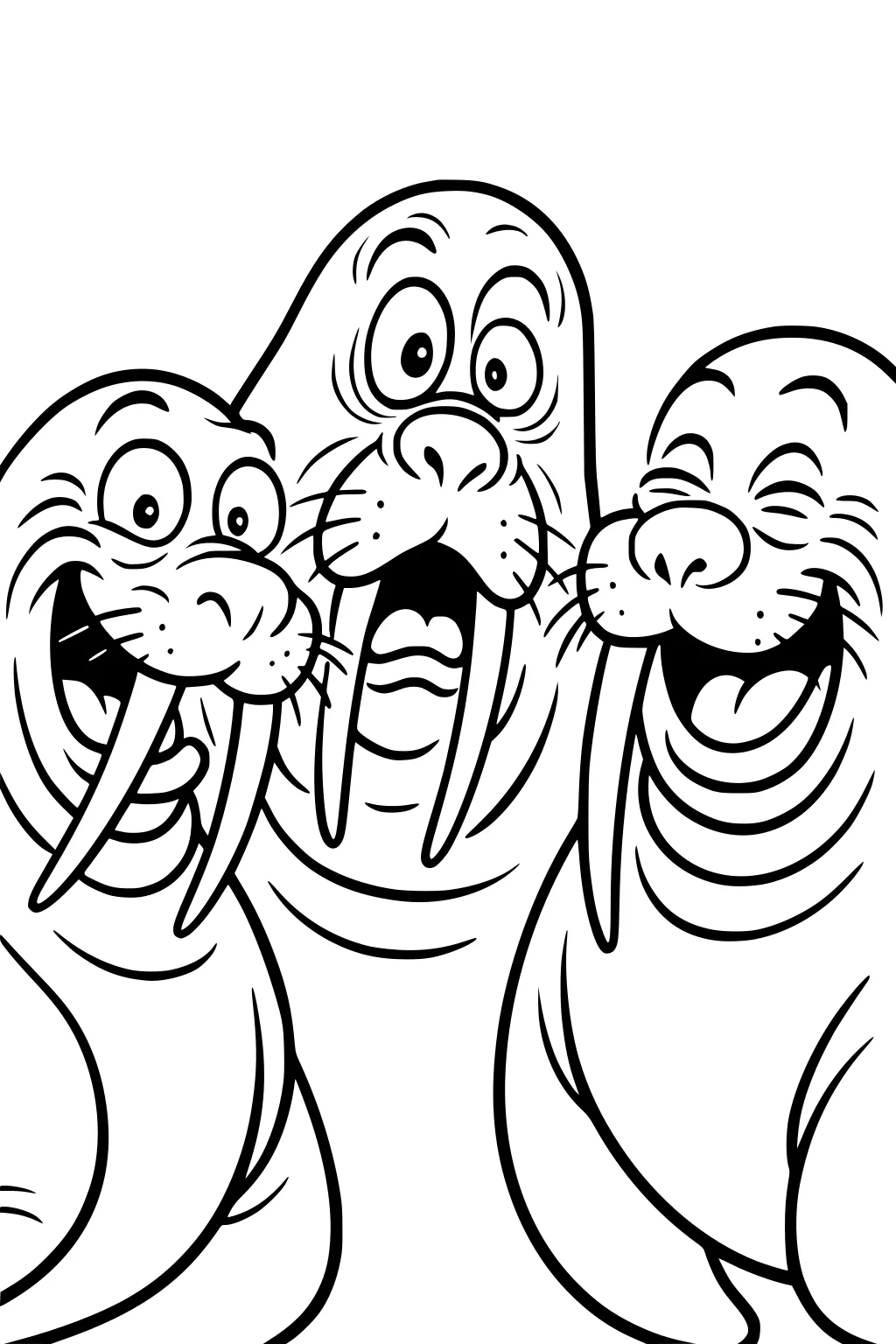 Three cartoon walruses with long tusks, big smiles, and wrinkly cheeks close together, each with a funny, happy expression.