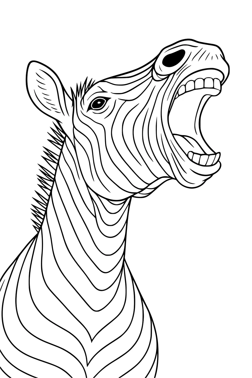 Zebra head with wide open mouth, teeth showing, curved stripes and short spiky mane in black outline, side view.