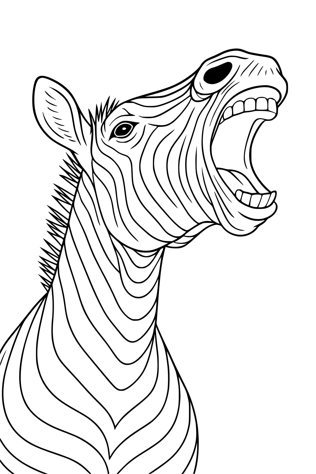 Zebra head with wide open mouth, teeth showing, curved stripes and short spiky mane in black outline, side view.