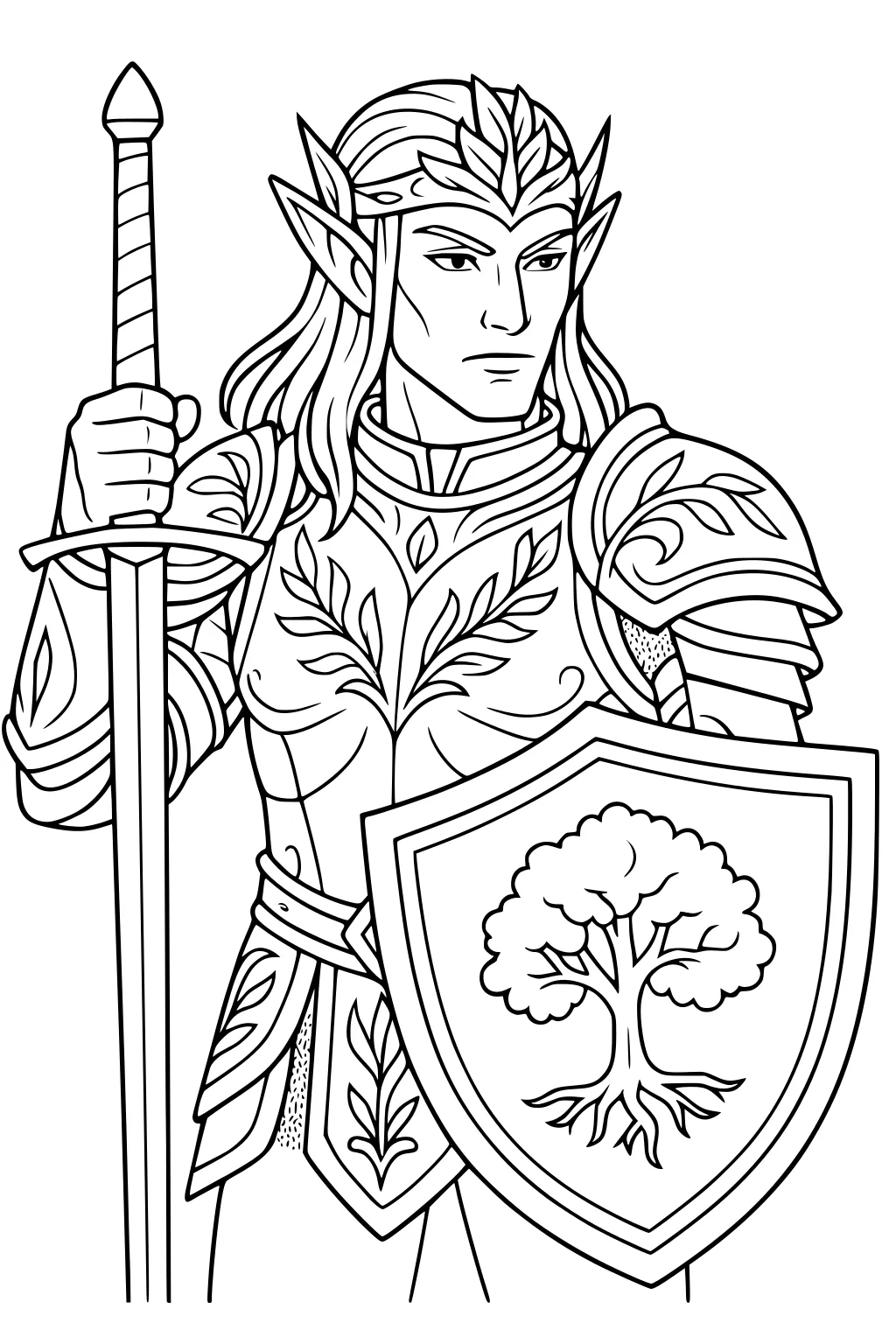 Male elf knight with leaf armor, long sword upright, and shield bearing a tree crest, line art for coloring.