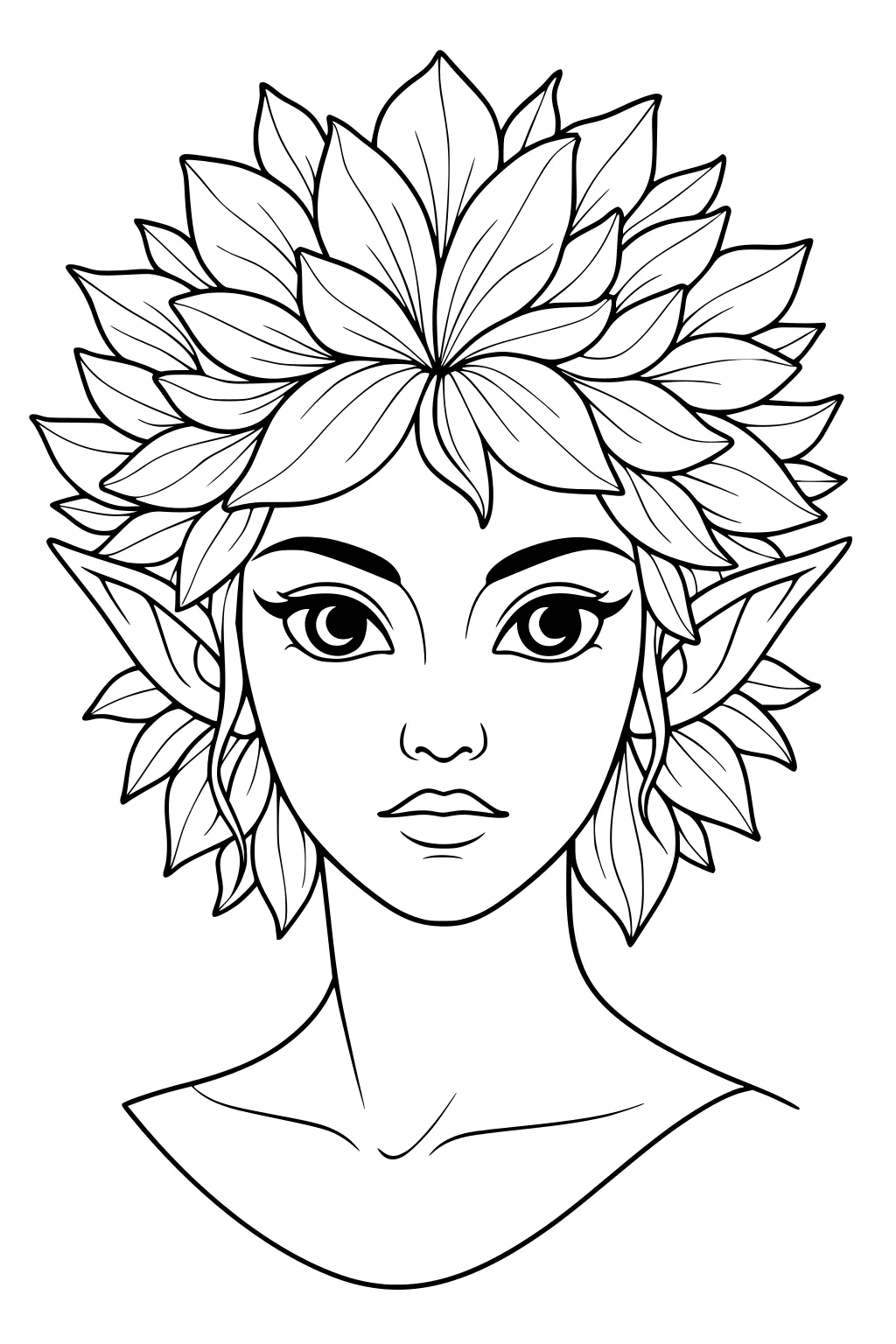 Fairy girl portrait with layered leaf hair, pointed elf ears, large eyes, and bare neckline in clean line art.
