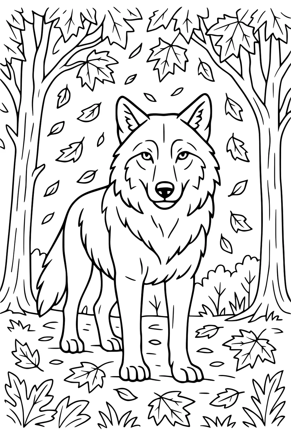 Outline of a wolf on a forest path between two trees with falling maple leaves and plants on the ground.