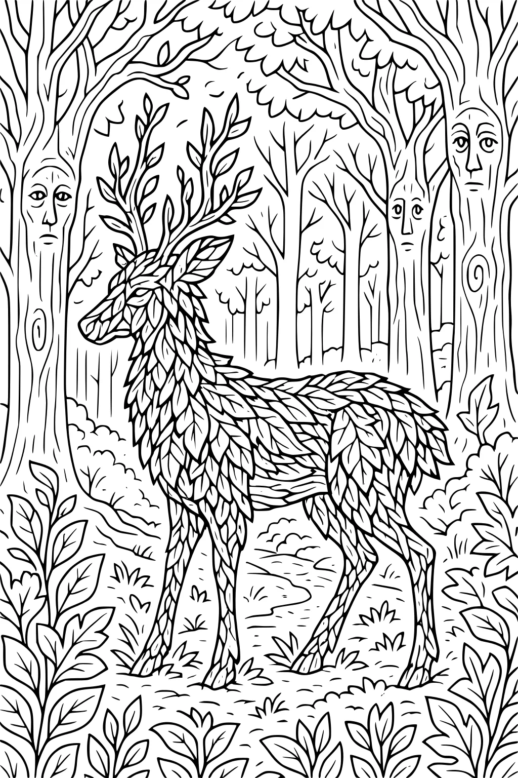 Deer with leaf-textured fur and antlers stands in a forest surrounded by trees with faces and plants all around.