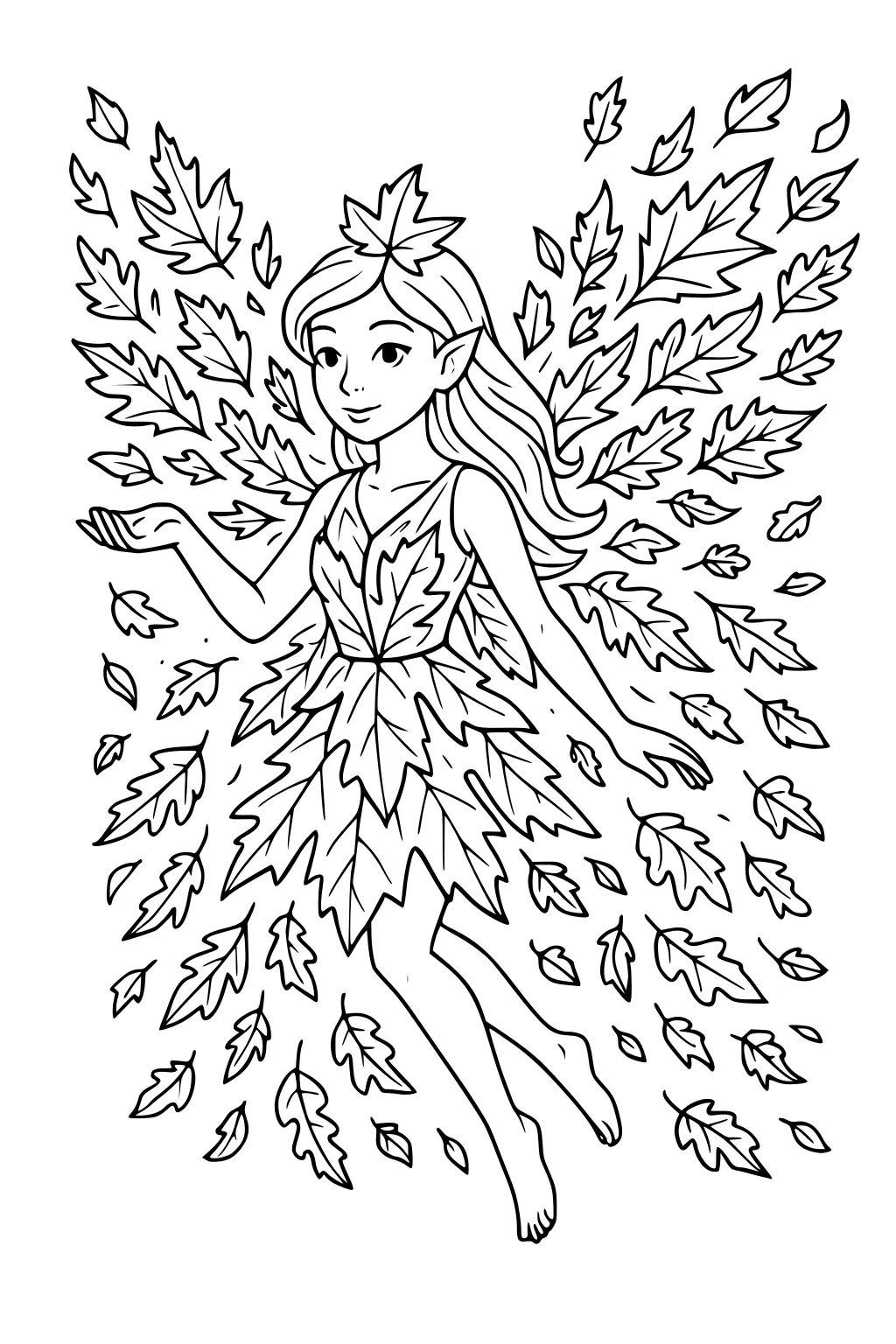 Fairy girl with pointed ears in a leaf dress, barefoot, floating as maple leaves swirl around her like wings.
