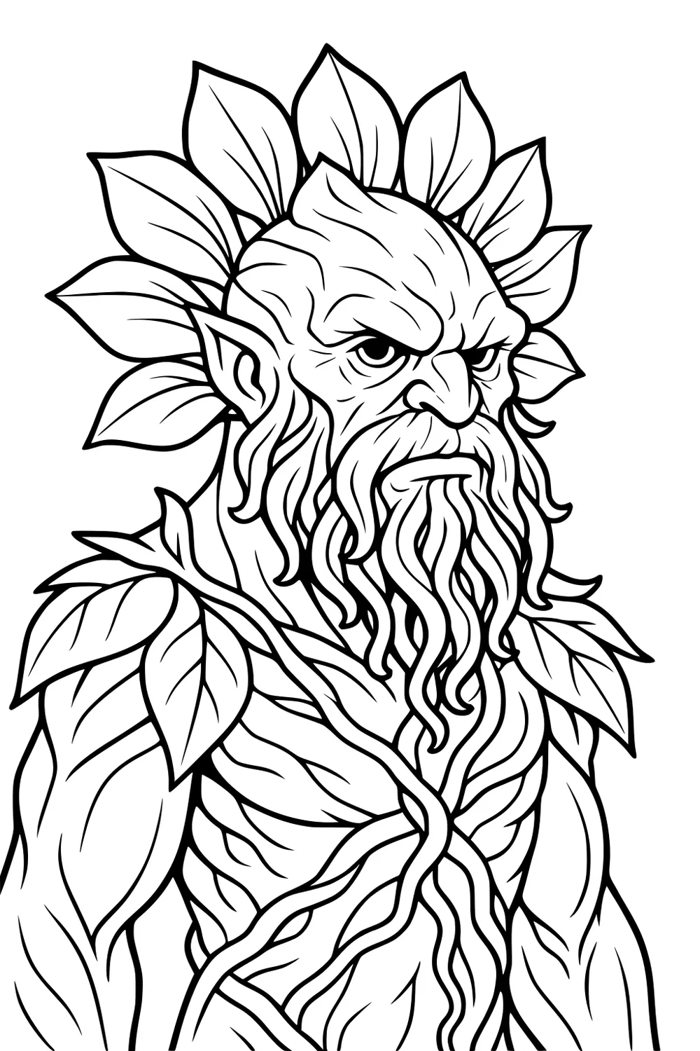 Forest elemental man with leaf crown, vine beard, bark body, pointed ears, and leafy shoulders in detailed black line art.
