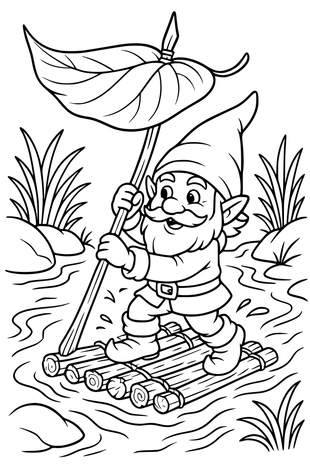 Smiling gnome rides a log raft on a creek, holding a pole with a big leaf sail, grass and rocks along the banks.