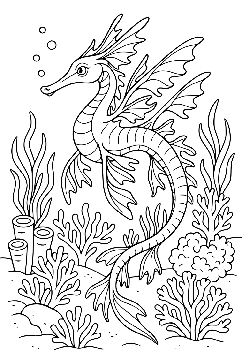 Leafy sea dragon with curled tail and frilled fins swims among seaweed, coral, and tube sponges, bubbles rising in a reef.