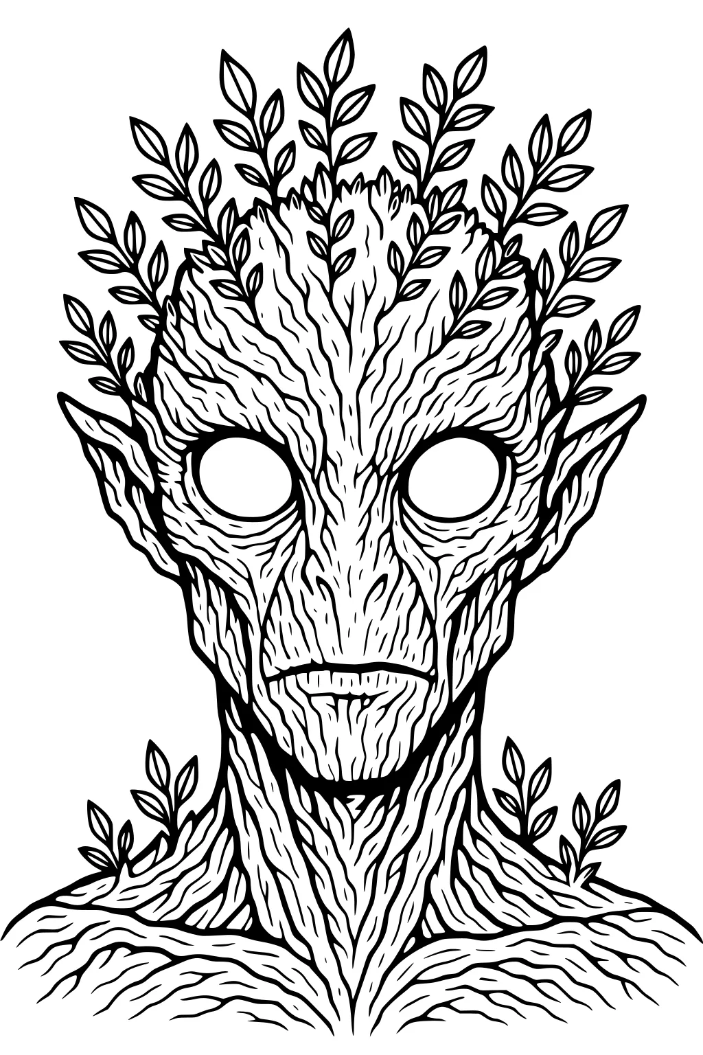 Plant-like alien with bark-textured face, big round eyes, pointy ears, and leaves sprouting from head and shoulders in bold line art.