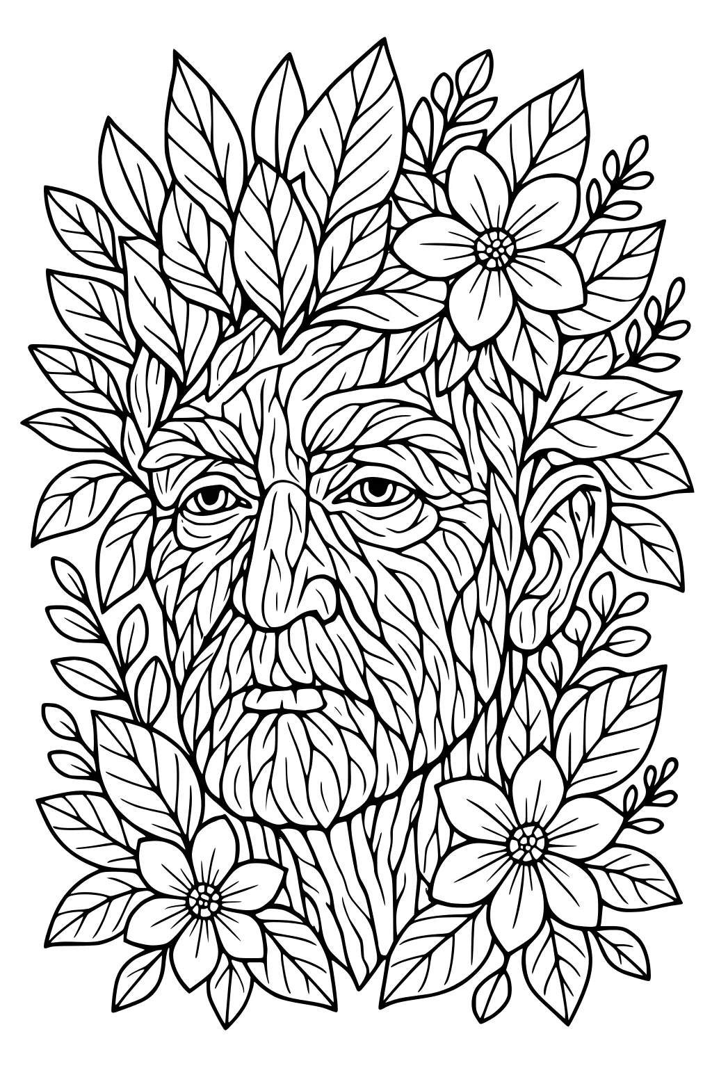 Elderly man's face framed by dense leaves and three large flowers, detailed line art with calm eyes and textured wrinkles.