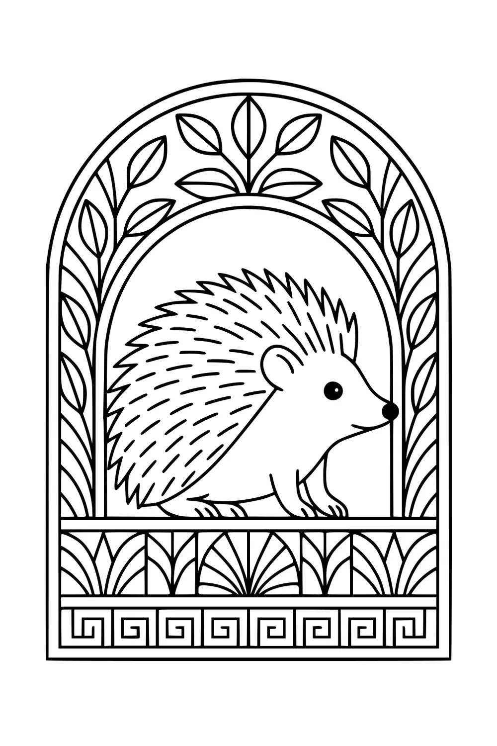 Cartoon hedgehog in an arch frame with leaves and simple geometric patterns around the border.