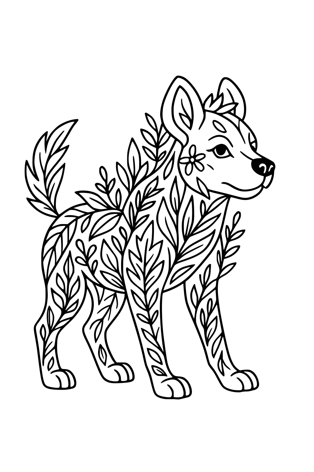 Outlined hyena with leaf and flower patterns across her body, facing right, standing on all four legs.