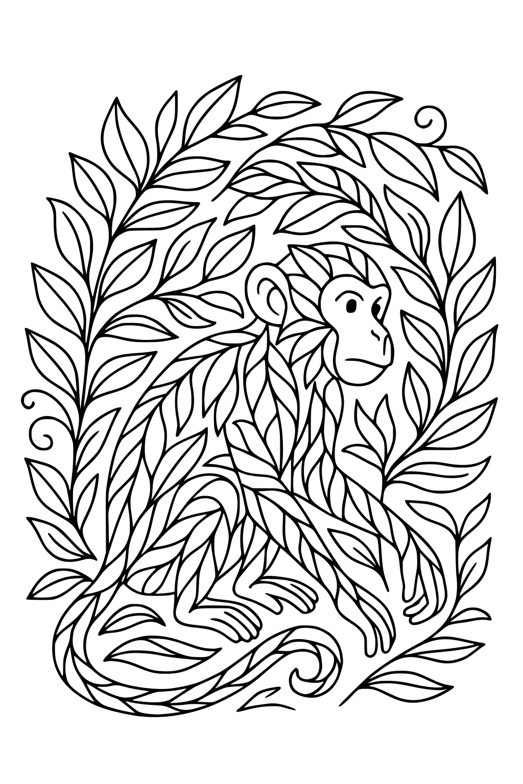 Monkey shapes blended with leaves, sitting in a leafy jungle background, outlined in black line art.