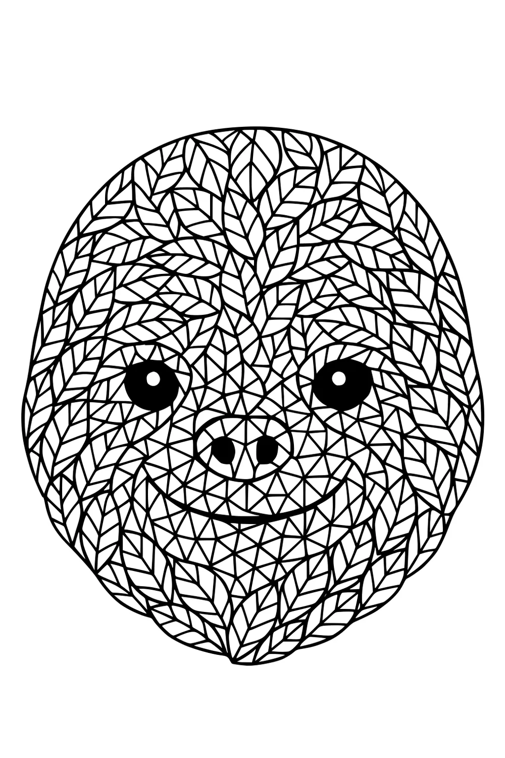 Sloth face built from repeating leaf shapes, large round eyes, small nose, and broad smile.