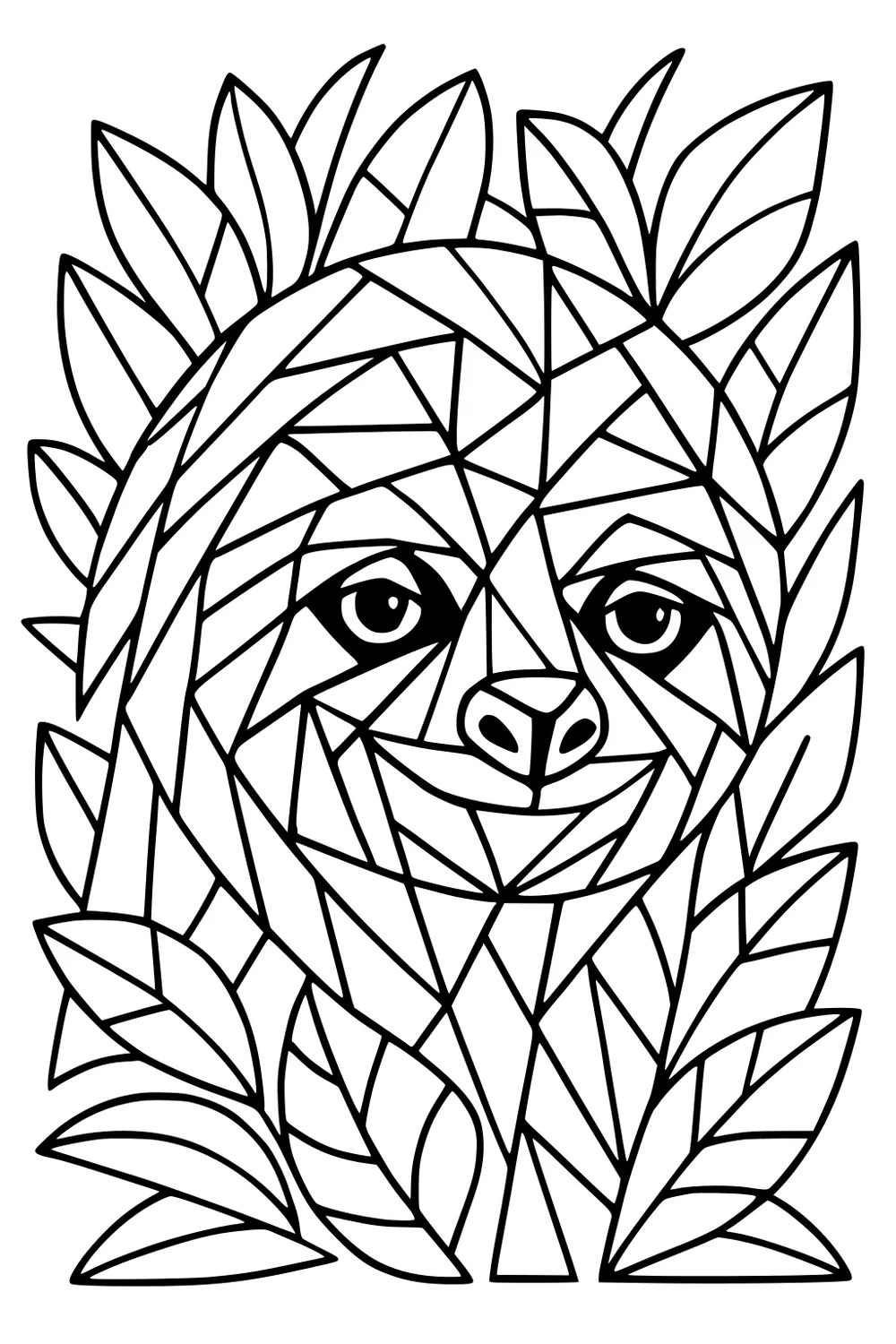 Geometric sloth face surrounded by large angular leaves, all outlined in black wide lines.