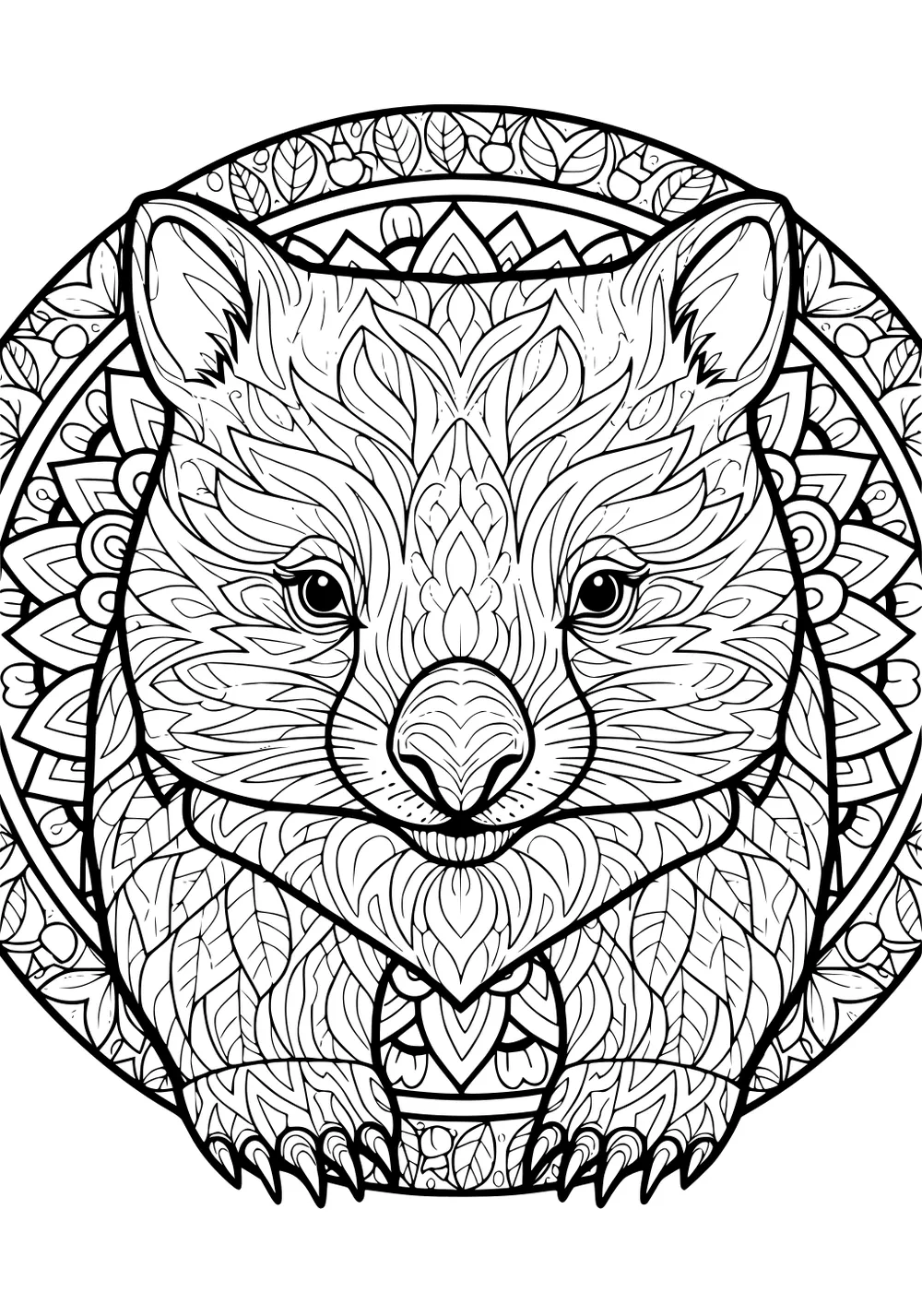 Front-view wombat with patterned fur and leaf mandala; bold outlines, round nose, short ears, tucked paws, detailed line art.