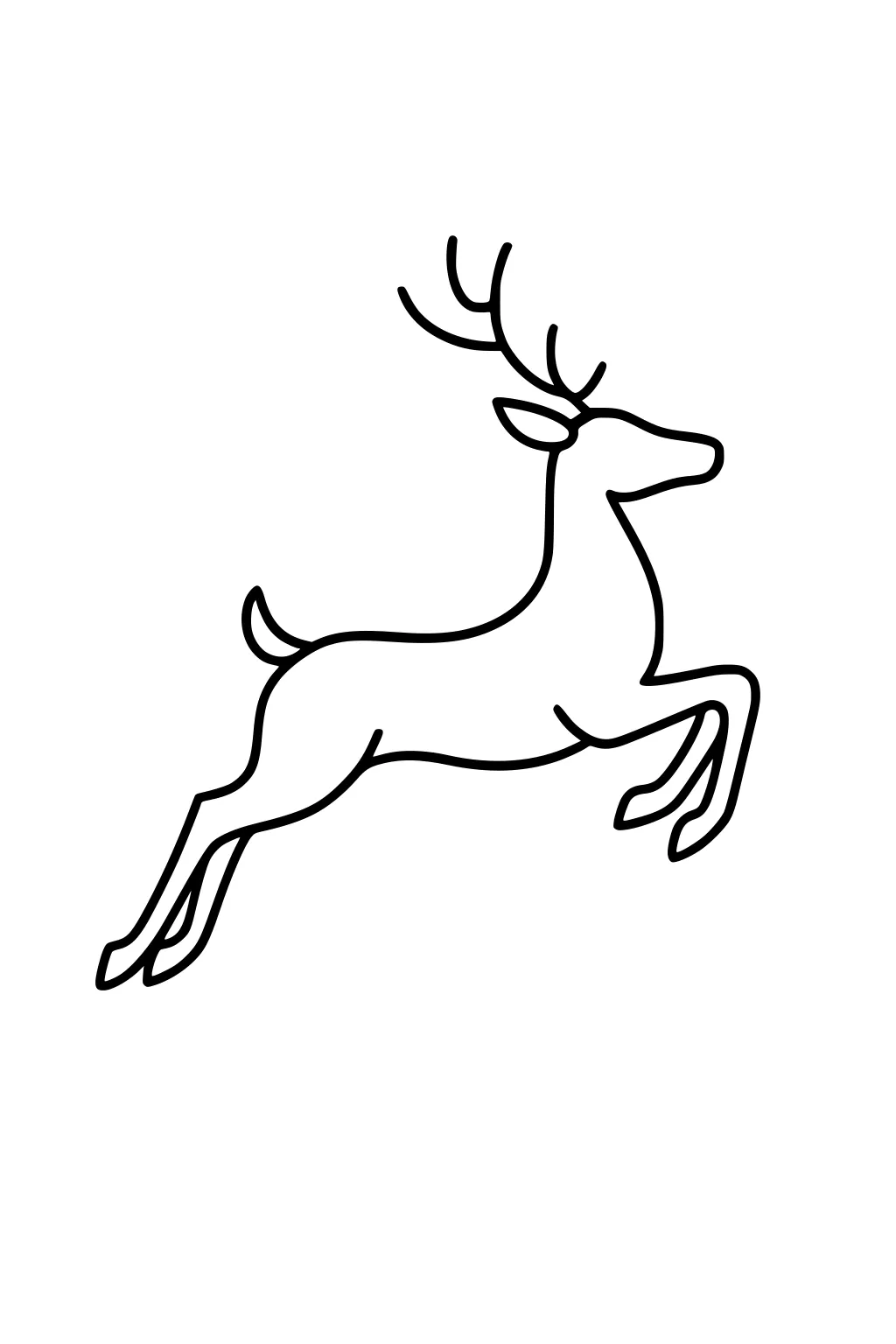 Outline of a leaping reindeer with antlers, head forward, legs stretched mid-jump on a plain white background.