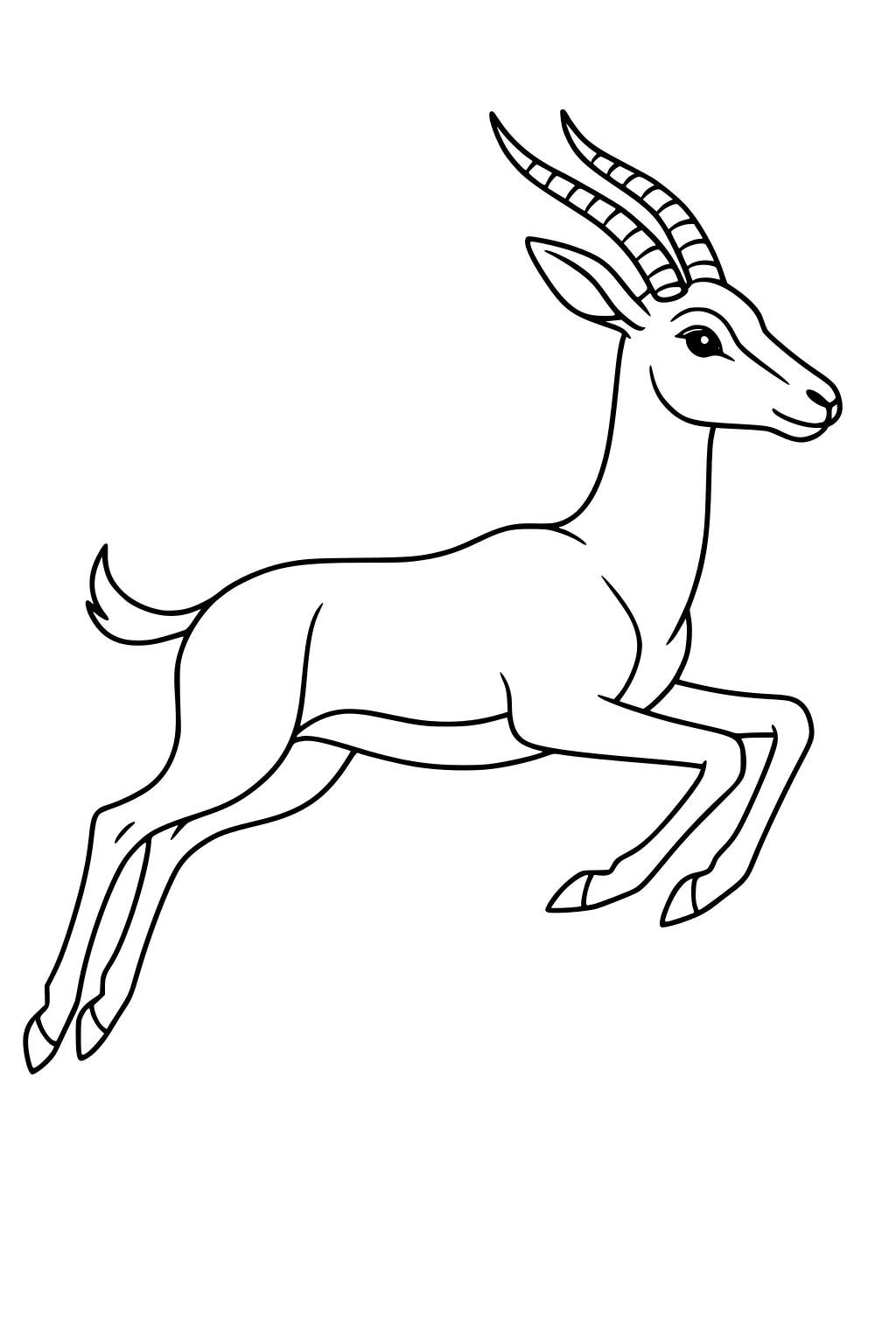 Line drawing of a gazelle antelope jumping with outstretched legs and curved horns.