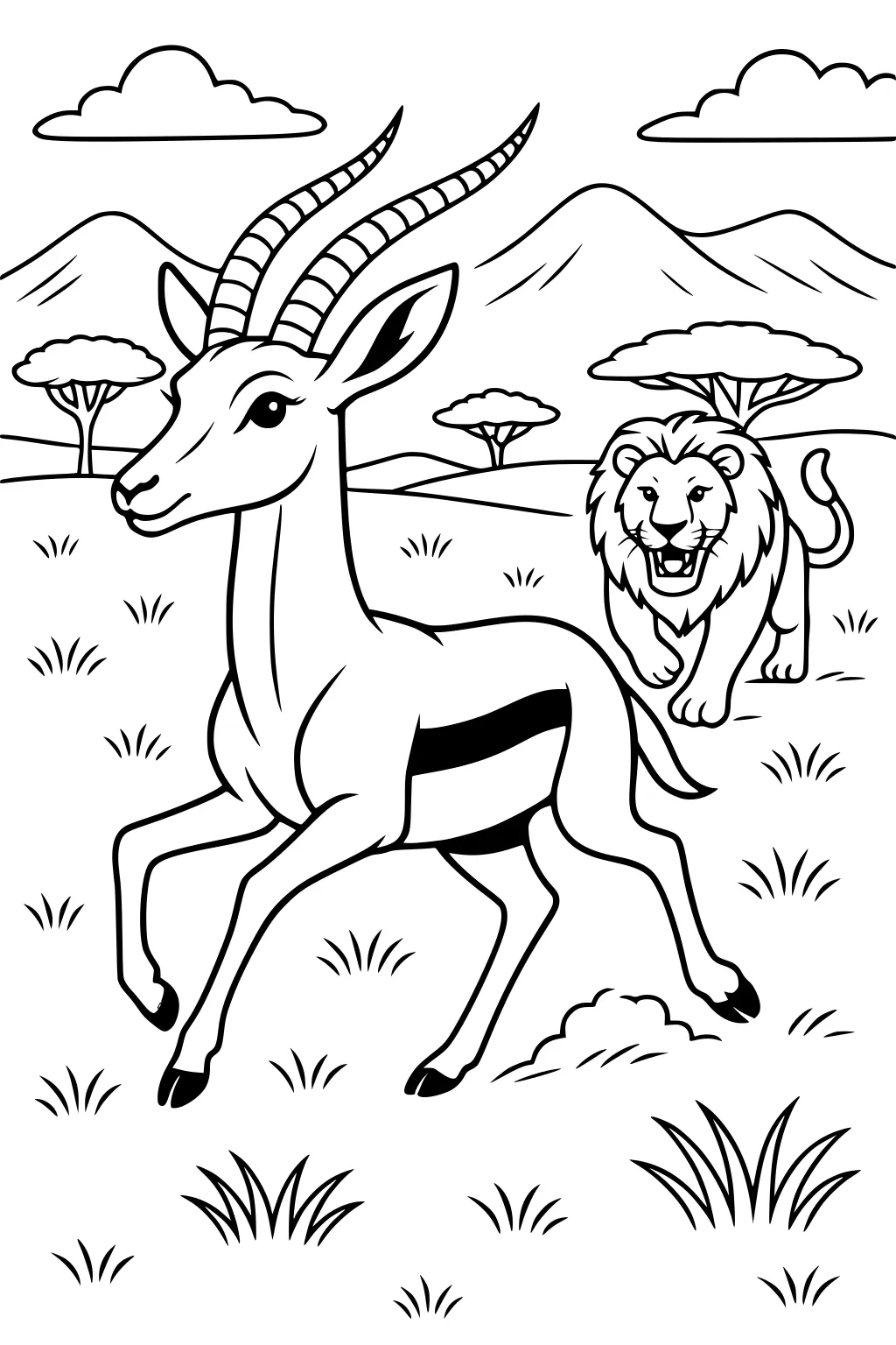 Gazelle with long horns running in front of a lion on grassy plain, with mountains, trees, and clouds in the background.