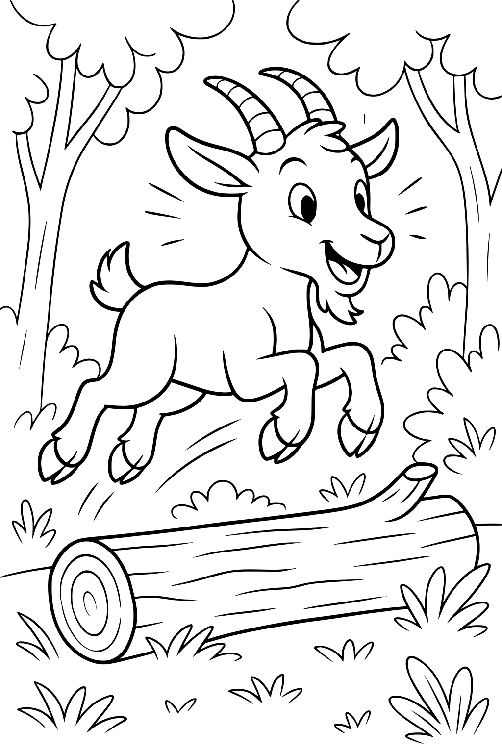 Goat jumping over a log with a happy face, surrounded by trees, bushes, and grass in a forest setting.