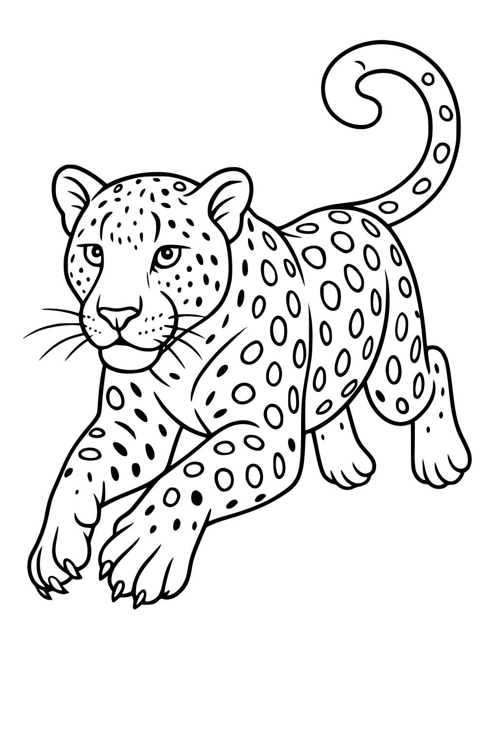 Leopard with a curling tail and spots, walking forward and facing the viewer, outlined for coloring.