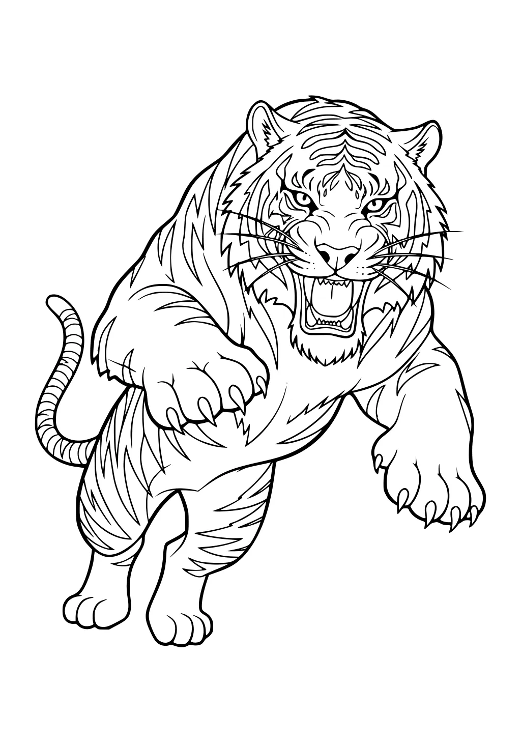 Line drawing of a leaping tiger with open mouth, raised front paws, striped fur, and curling tail.