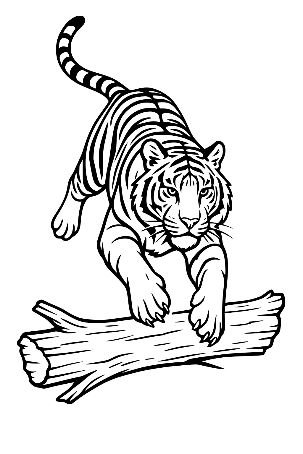 Tiger with stripes jumping over a log with raised paws and alert face.