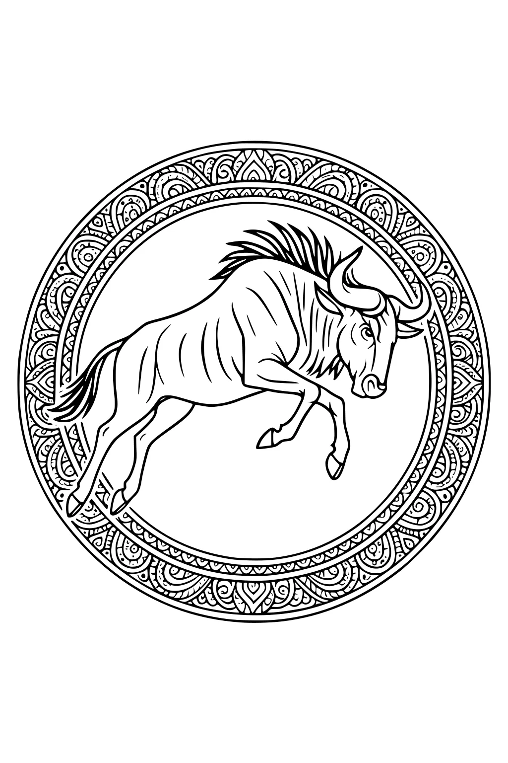Leaping wildebeest with curved horns inside an ornate circular border of swirls and leaf patterns, bold outlines and open spaces.