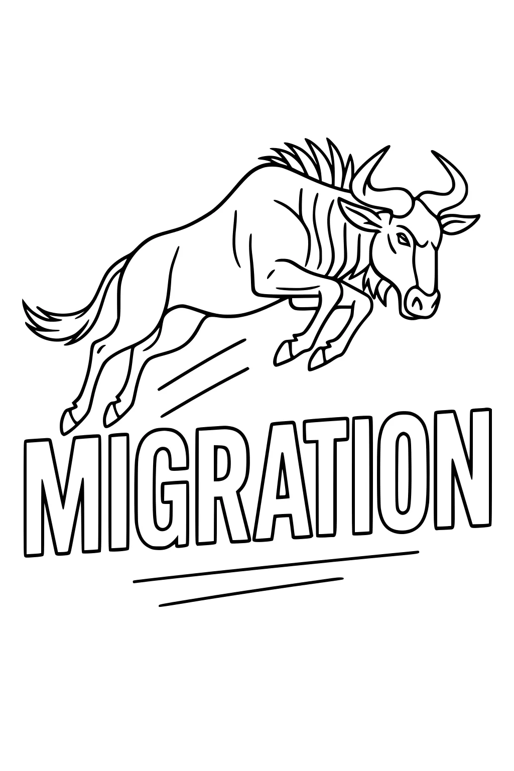 Leaping wildebeest with curved horns and mane, motion lines, and large underlined word MIGRATION below.