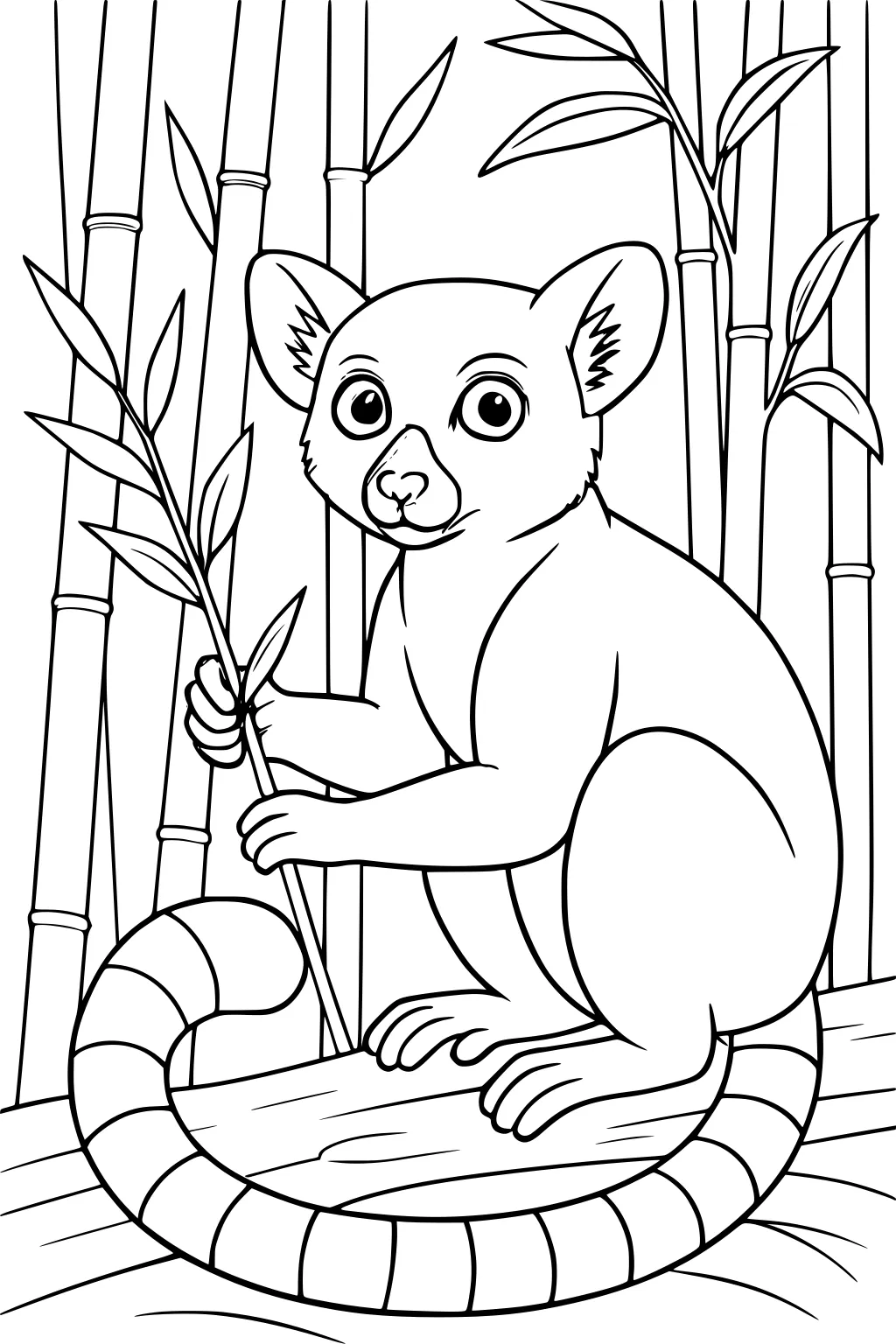 Lemur with striped tail holding bamboo, sitting on a branch surrounded by bamboo stalks and leaves.
