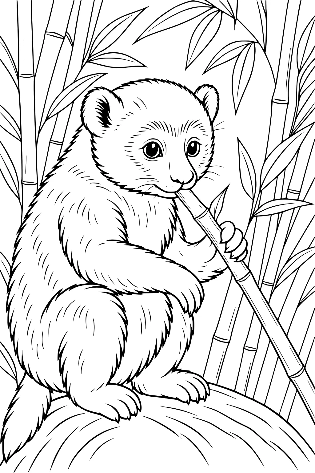 Young lemur holding bamboo shoot, sitting on a rock with bamboo stalks and leaves in the background.