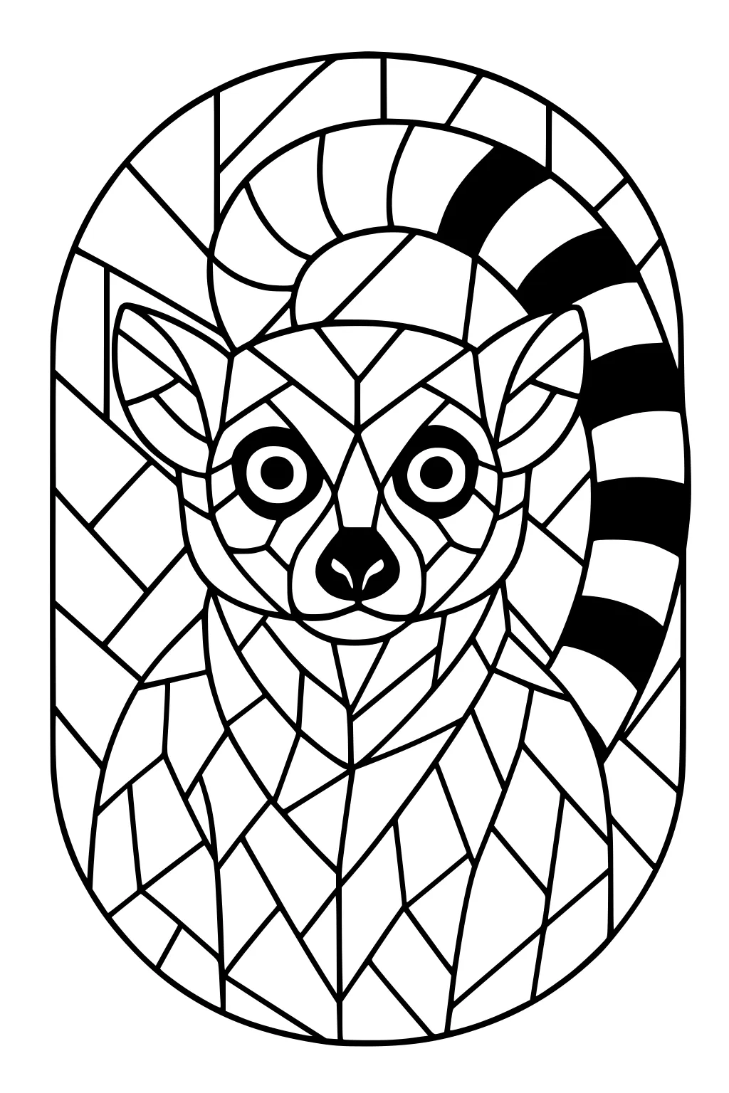 Lemur with big eyes and striped tail, shown in a mosaic pattern, inside an oval frame.