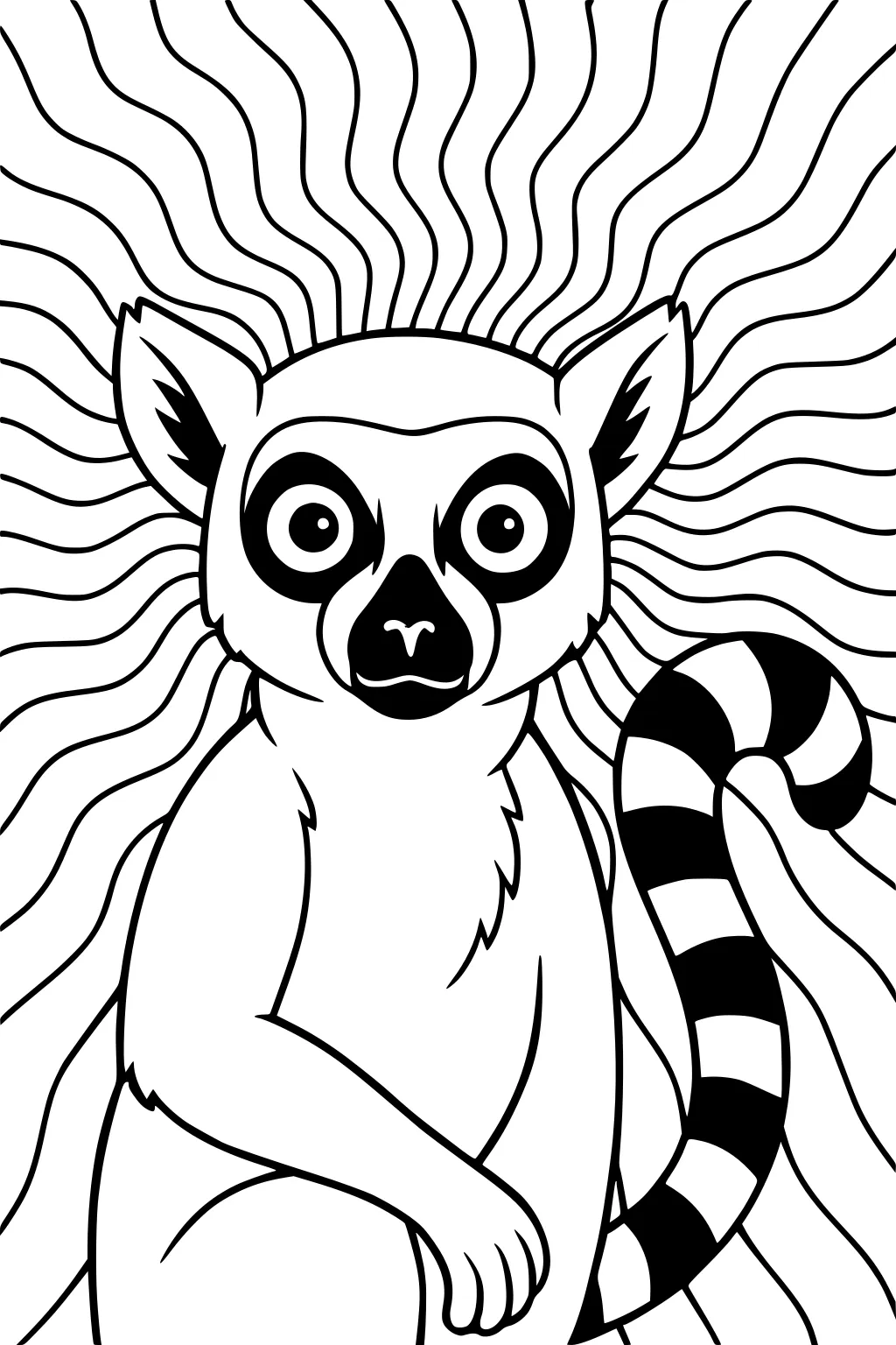 Front-facing lemur with striped tail, large dark eyes, and wavy background lines radiating outward.