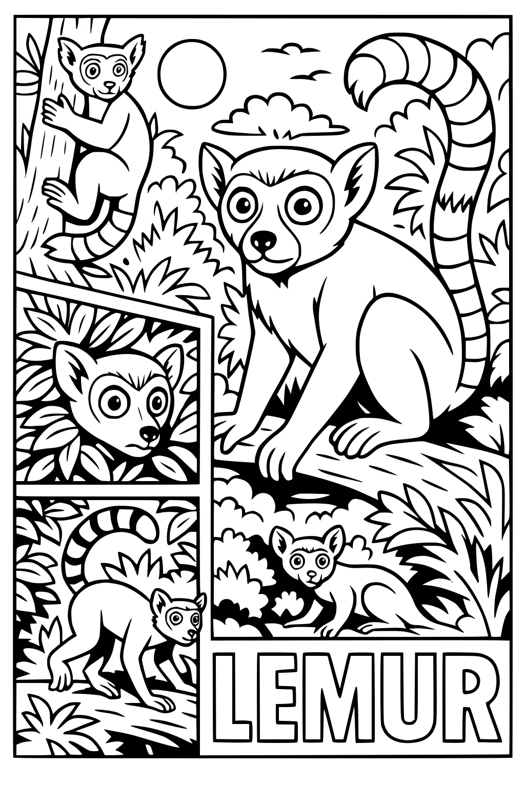 Cartoon lemurs in jungle with one sitting on a branch, others climbing, crouching, and peeking. Decorative 'LEMUR' text below.