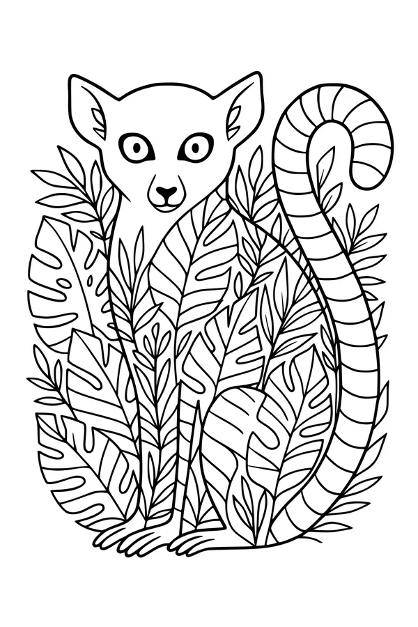 Lemur Peeks Through Jungle Leaves
