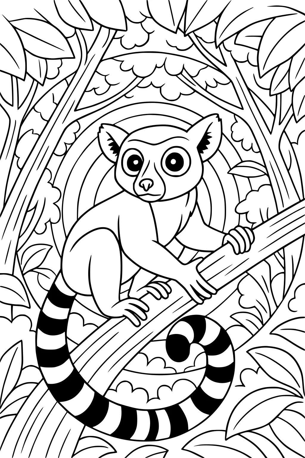 Ring-tailed lemur perched on a tree branch with striped tail, surrounded by leaves and branches.