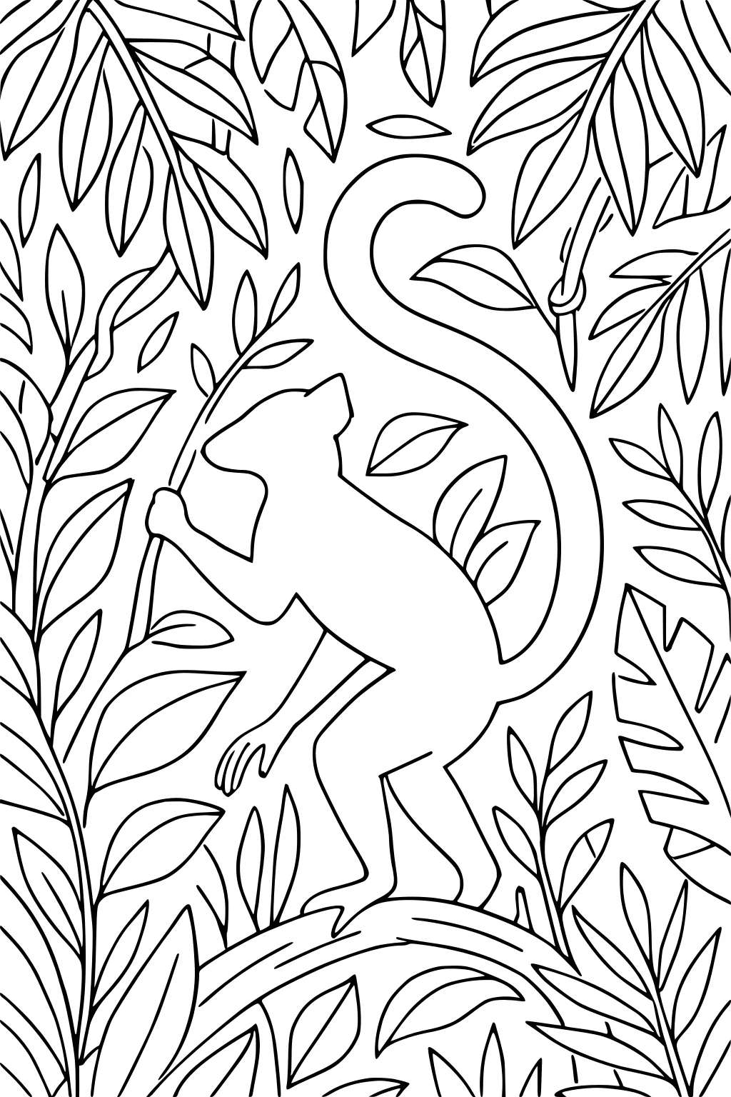 Outline of a lemur walking on a branch among many large jungle leaves.
