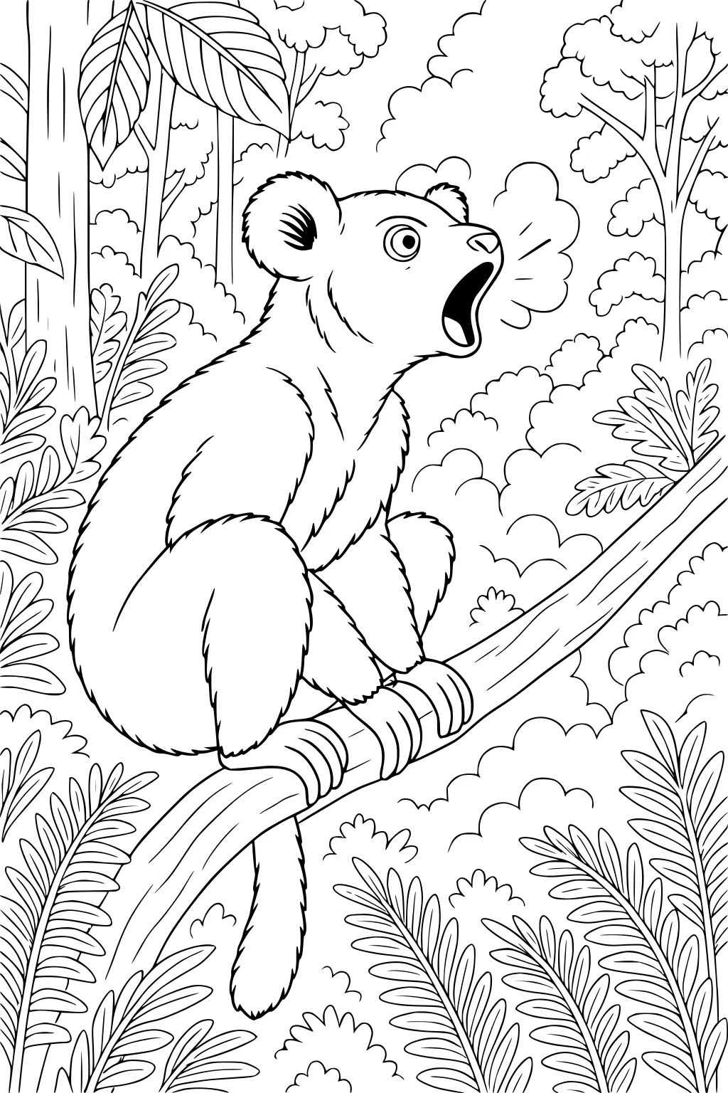 Lemur with open mouth sitting on a tree branch surrounded by dense jungle foliage and leafy plants.