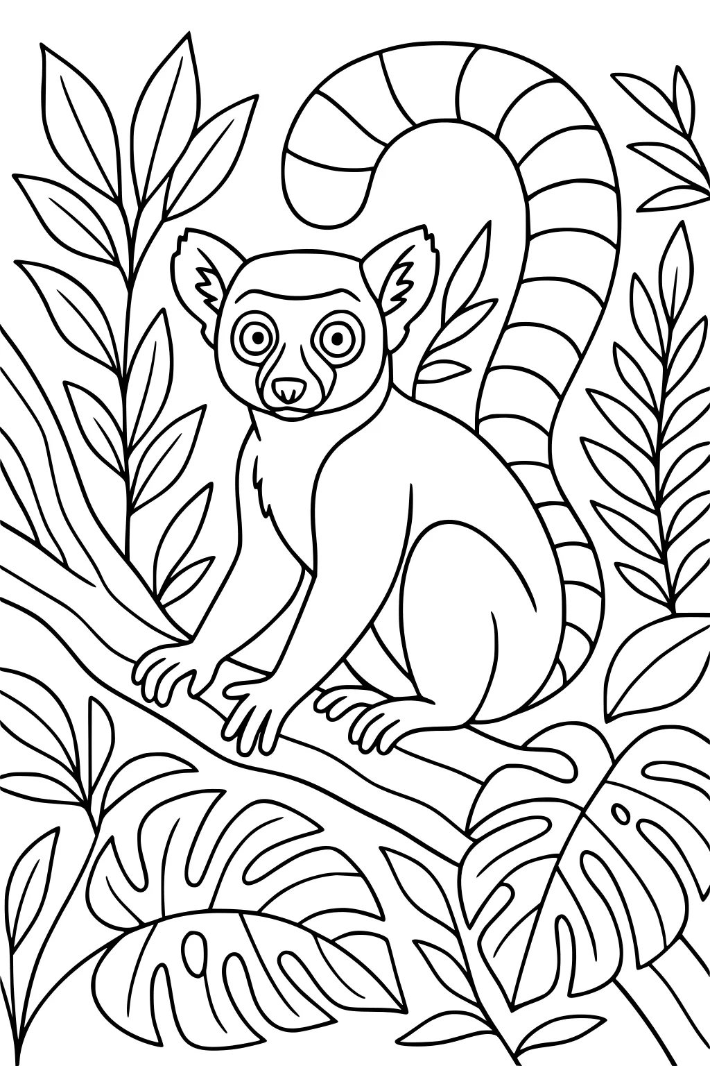 Lemur with striped tail clings to a branch surrounded by large leafy plants in a dense jungle scene.