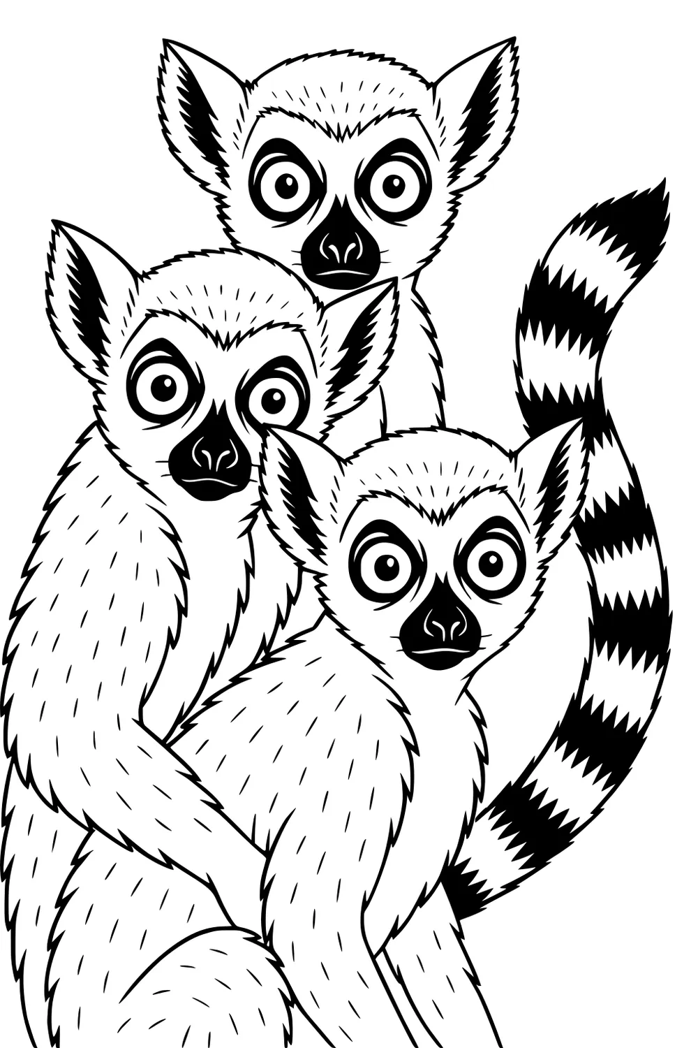 Three lemurs sitting closely, each with large eyes, furry faces, pointed ears, and a striped tail curled to the side.