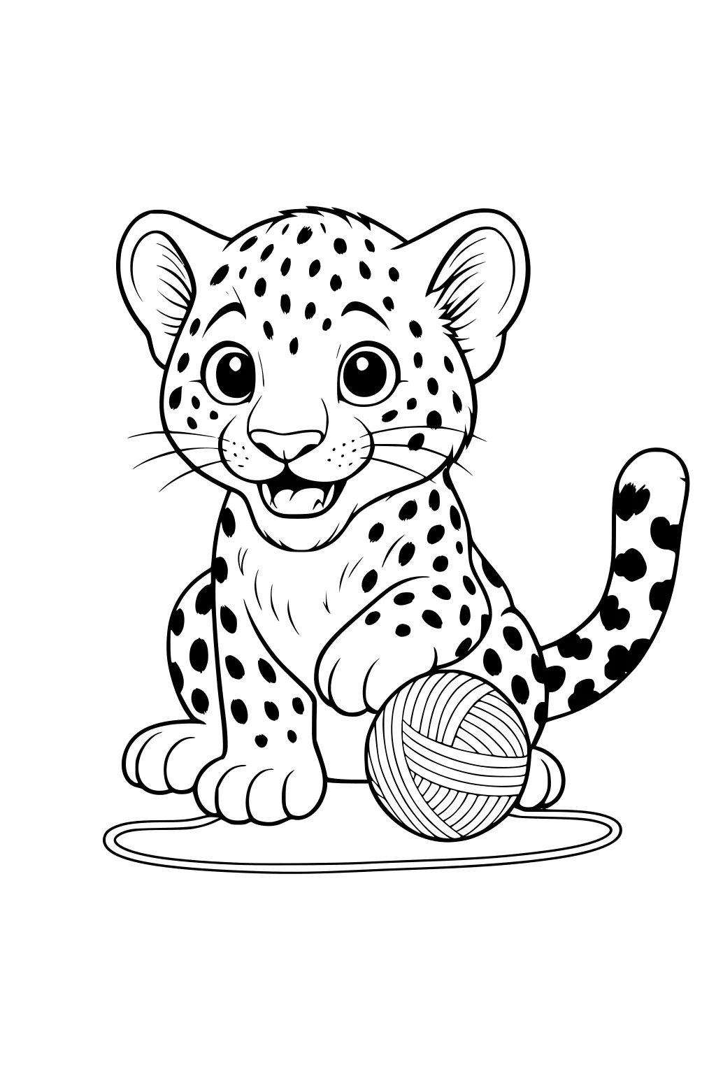 Cartoon leopard cub with big eyes, sitting with a yarn ball on an oval mat, covered in round spots.