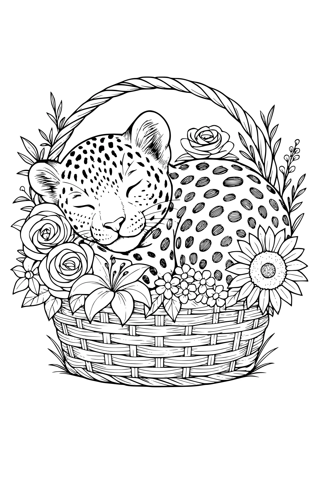 Leopard cub sleeping in a flower-filled basket with roses, lilies, sunflowers, and leafy plants around it.